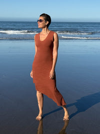 caraucci orange sleeveless scoop neck bias cut asymmetrical hem dress #color_copper