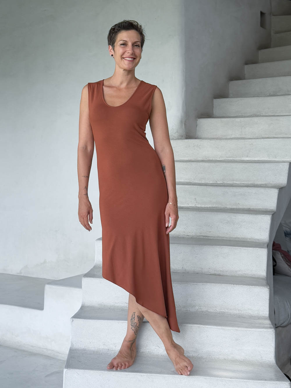 caraucci orange sleeveless scoop neck bias cut asymmetrical hem dress #color_copper
