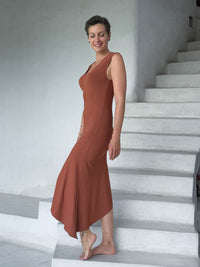 caraucci orange sleeveless scoop neck bias cut asymmetrical hem dress #color_copper