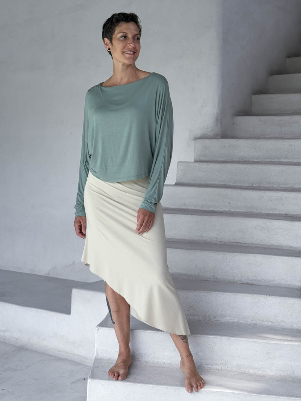 caraucci cream sleeveless scoop neck bias cut asymmetrical hem dress #color_cream