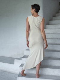 caraucci cream sleeveless scoop neck bias cut asymmetrical hem dress #color_cream