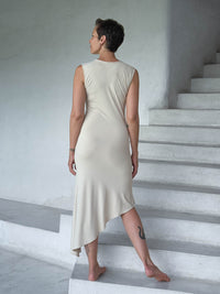 caraucci cream sleeveless scoop neck bias cut asymmetrical hem dress #color_cream
