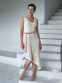caraucci cream sleeveless scoop neck bias cut asymmetrical hem dress #color_cream