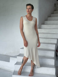 caraucci cream sleeveless scoop neck bias cut asymmetrical hem dress #color_cream