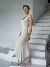 caraucci cream sleeveless scoop neck bias cut asymmetrical hem dress #color_cream