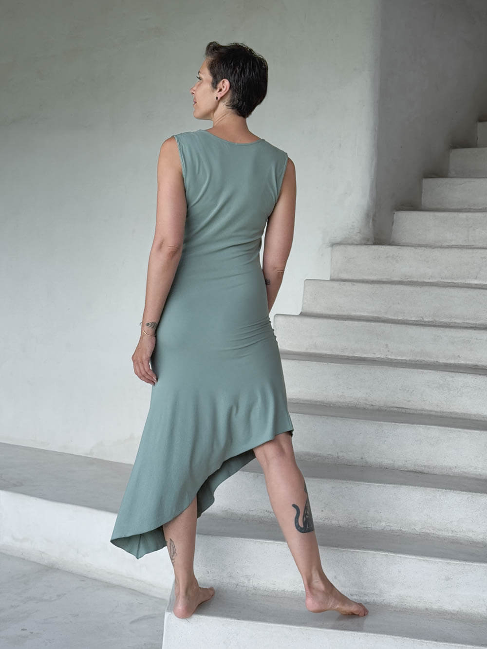 caraucci moss green sleeveless scoop neck bias cut asymmetrical hem dress #color_moss