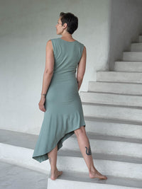 caraucci moss green sleeveless scoop neck bias cut asymmetrical hem dress #color_moss