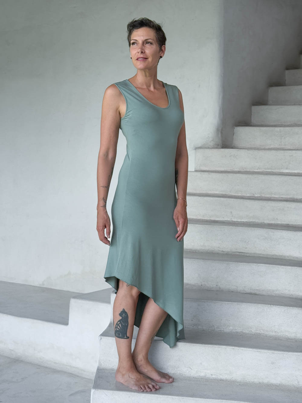 caraucci moss green sleeveless scoop neck bias cut asymmetrical hem dress #color_moss