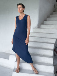 caraucci navy blue sleeveless scoop neck bias cut asymmetrical hem dress #color_navy
