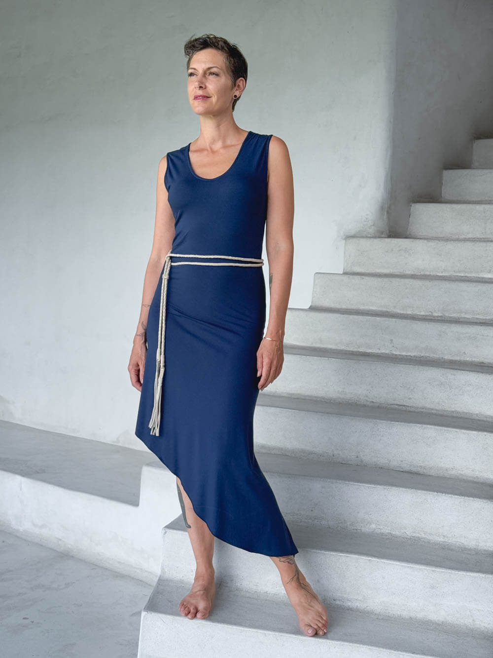 caraucci navy blue sleeveless scoop neck bias cut asymmetrical hem dress #color_navy