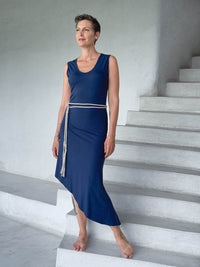 caraucci navy blue sleeveless scoop neck bias cut asymmetrical hem dress #color_navy