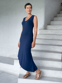 caraucci navy blue sleeveless scoop neck bias cut asymmetrical hem dress #color_navy