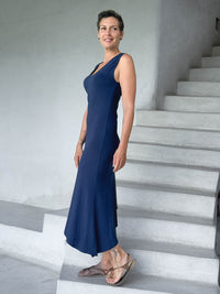 caraucci navy blue sleeveless scoop neck bias cut asymmetrical hem dress #color_navy