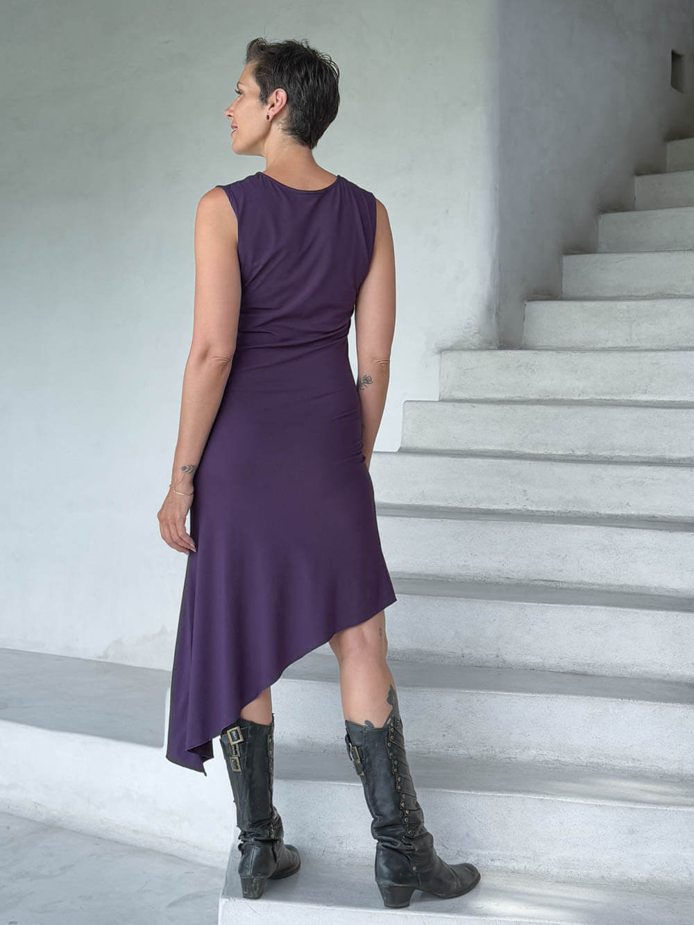 caraucci purple sleeveless scoop neck bias cut asymmetrical hem dress #color_plum