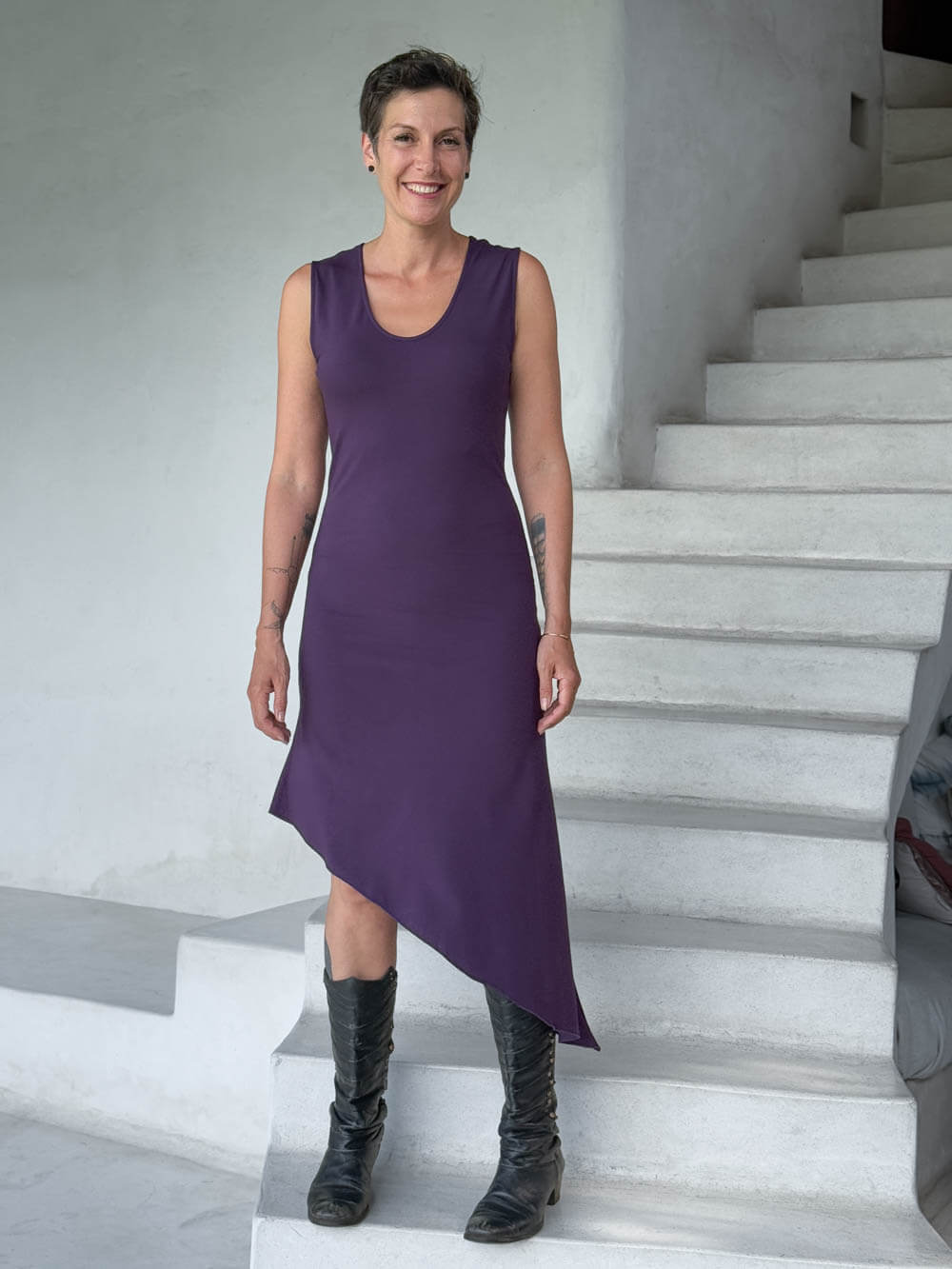 caraucci purple sleeveless scoop neck bias cut asymmetrical hem dress #color_plum