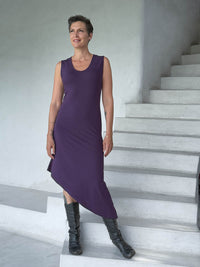 caraucci purple sleeveless scoop neck bias cut asymmetrical hem dress #color_plum