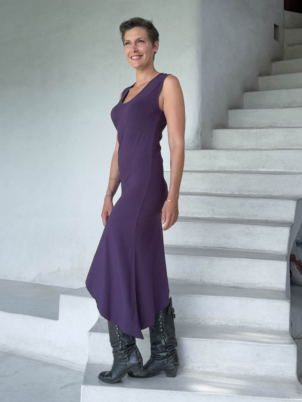 caraucci purple sleeveless scoop neck bias cut asymmetrical hem dress #color_plum