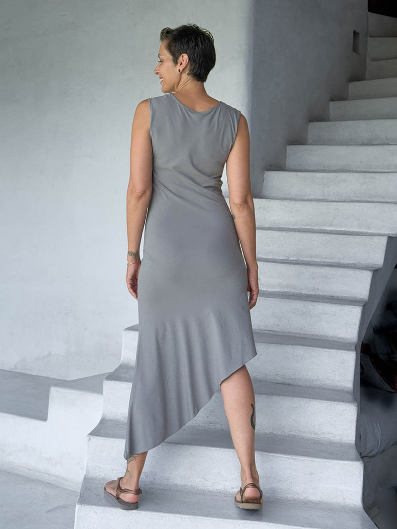 caraucci sleeveless scoop neck bias cut gray asymmetrical hem dress #color_stone