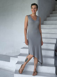 caraucci sleeveless scoop neck bias cut gray asymmetrical hem dress #color_stone