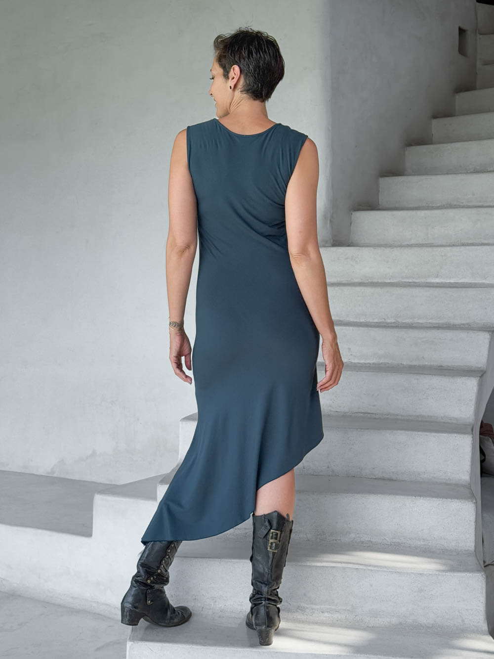 caraucci teal blue sleeveless scoop neck bias cut asymmetrical hem dress #color_teal