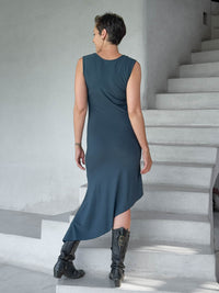 caraucci teal blue sleeveless scoop neck bias cut asymmetrical hem dress #color_teal