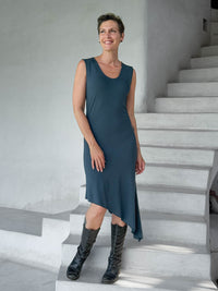 caraucci teal blue sleeveless scoop neck bias cut asymmetrical hem dress #color_teal