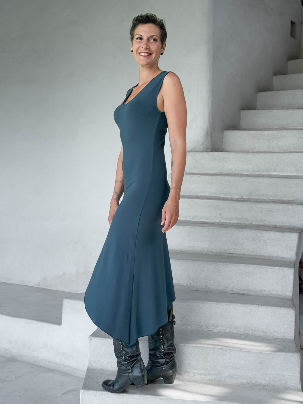 caraucci teal blue sleeveless scoop neck bias cut asymmetrical hem dress #color_teal