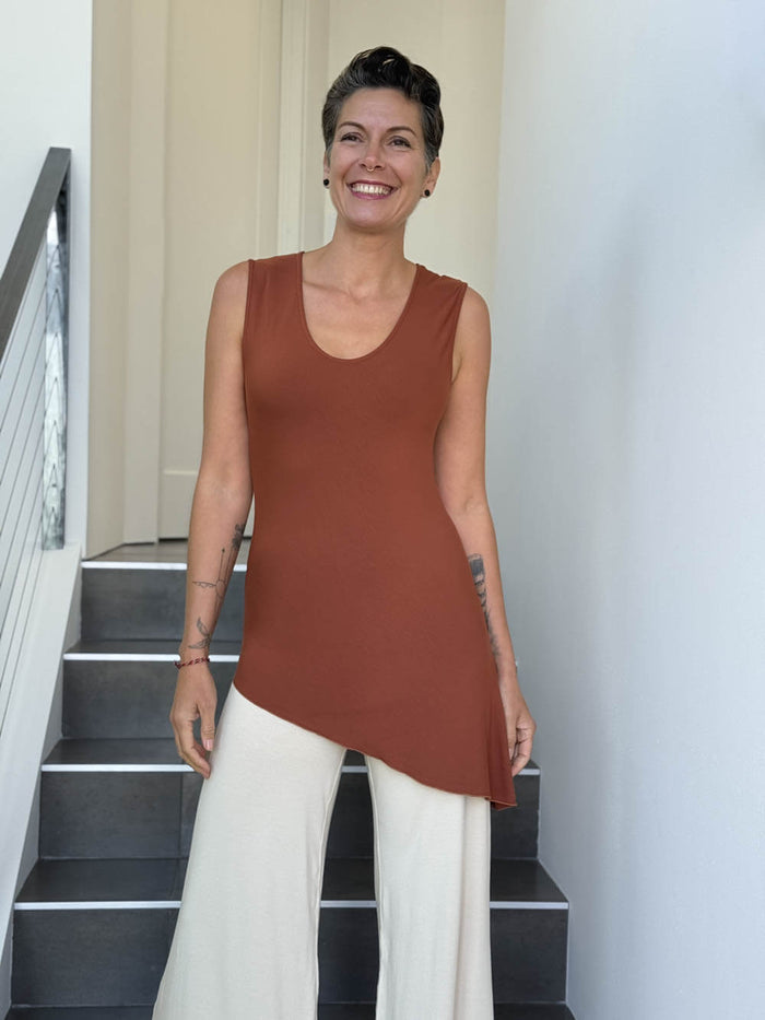 caraucci sleeveless scoop neck bias cut orange asymmetrical hem tunic #color_copper