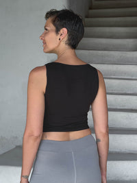 caraucci plant-based fitted black boatneck crop top #color_black