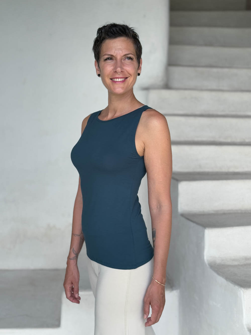 caraucci teal blue boat neck tank top in stretch jersey #color_teal