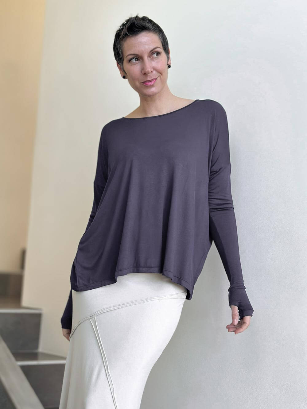 women's plant-based steel gray relaxed fit jersey long sleeve top #color_steel