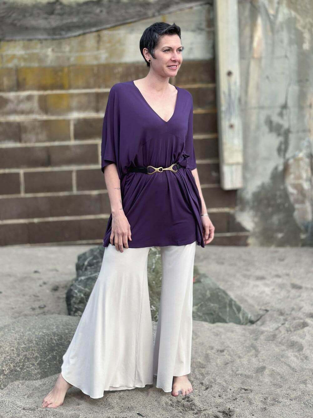 caraucci oversized purple v neck empire waist tunic or mini dress #color_plum