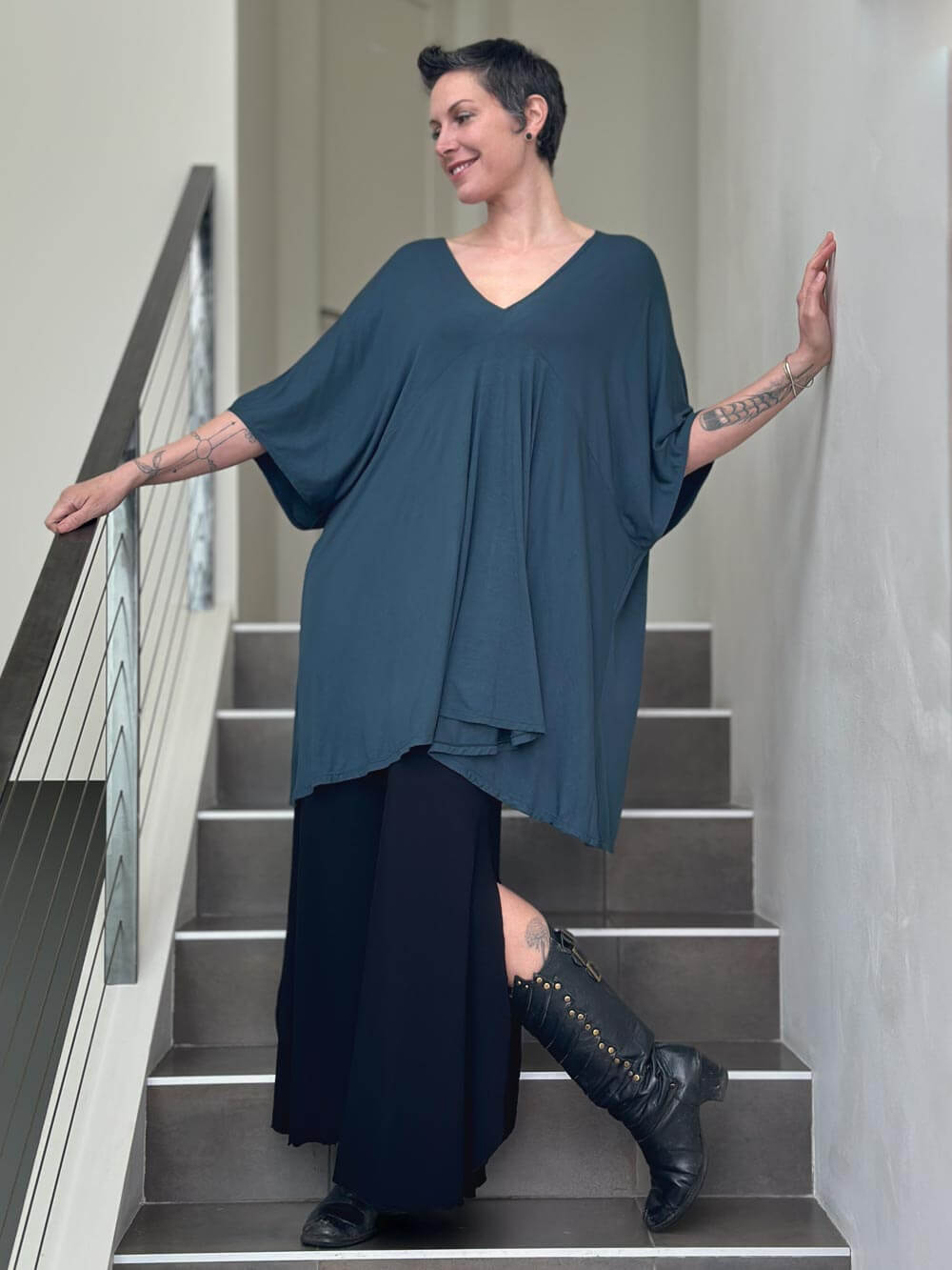 caraucci oversized teal blue v neck empire waist tunic or mini dress #color_teal