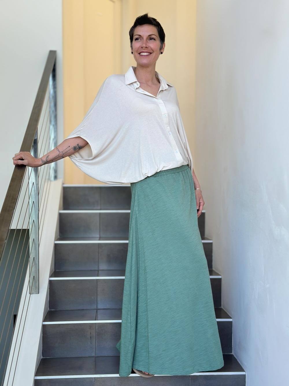caraucci sage green cotton smocked waist pocket skirt #color_matcha