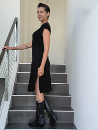 caraucci high neck cap sleeve black double slit dress #color_black