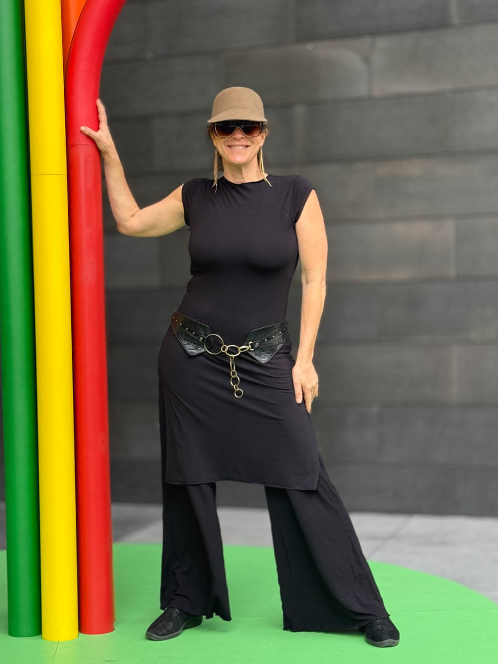 caraucci high neck cap sleeve black double slit tunic #color_black