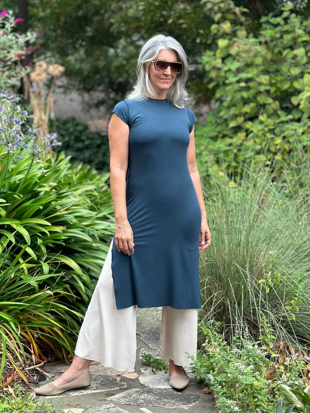 caraucci high neck cap sleeve teal blue double slit tunic #color_teal