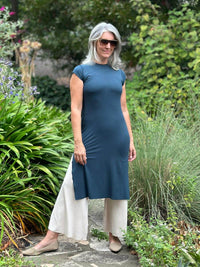 caraucci high neck cap sleeve teal blue double slit tunic #color_teal
