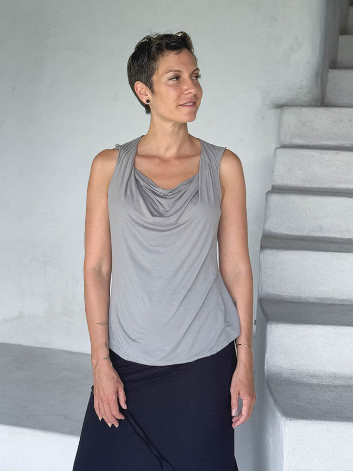 carrie top carrie top caraucci women's lightweight rayon jersey light grey draped neck tank top #color_stone