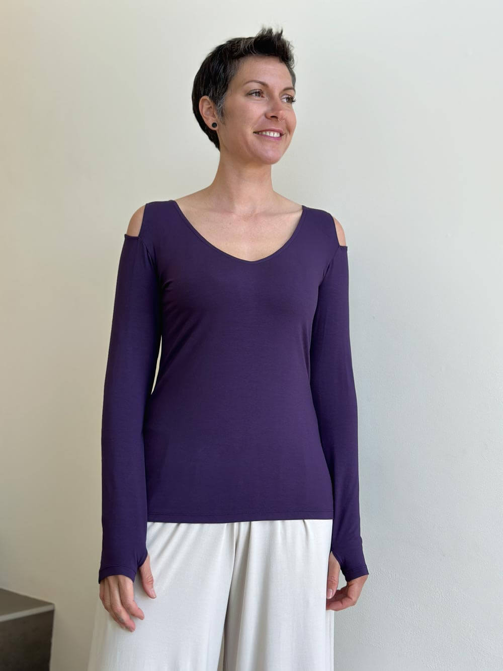 caraucci purple long sleeve cold shoulder top with thumbholes #color_plum