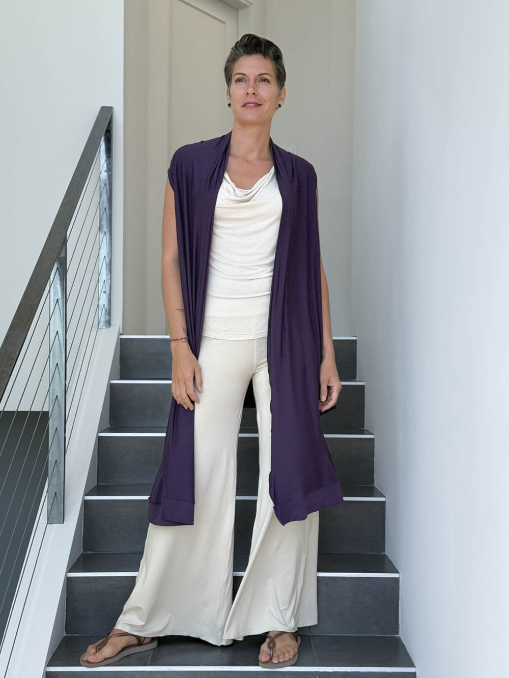 caraucci lightweight rayon jersey convertible purple wrap vest can be worn multiple ways #color_plum