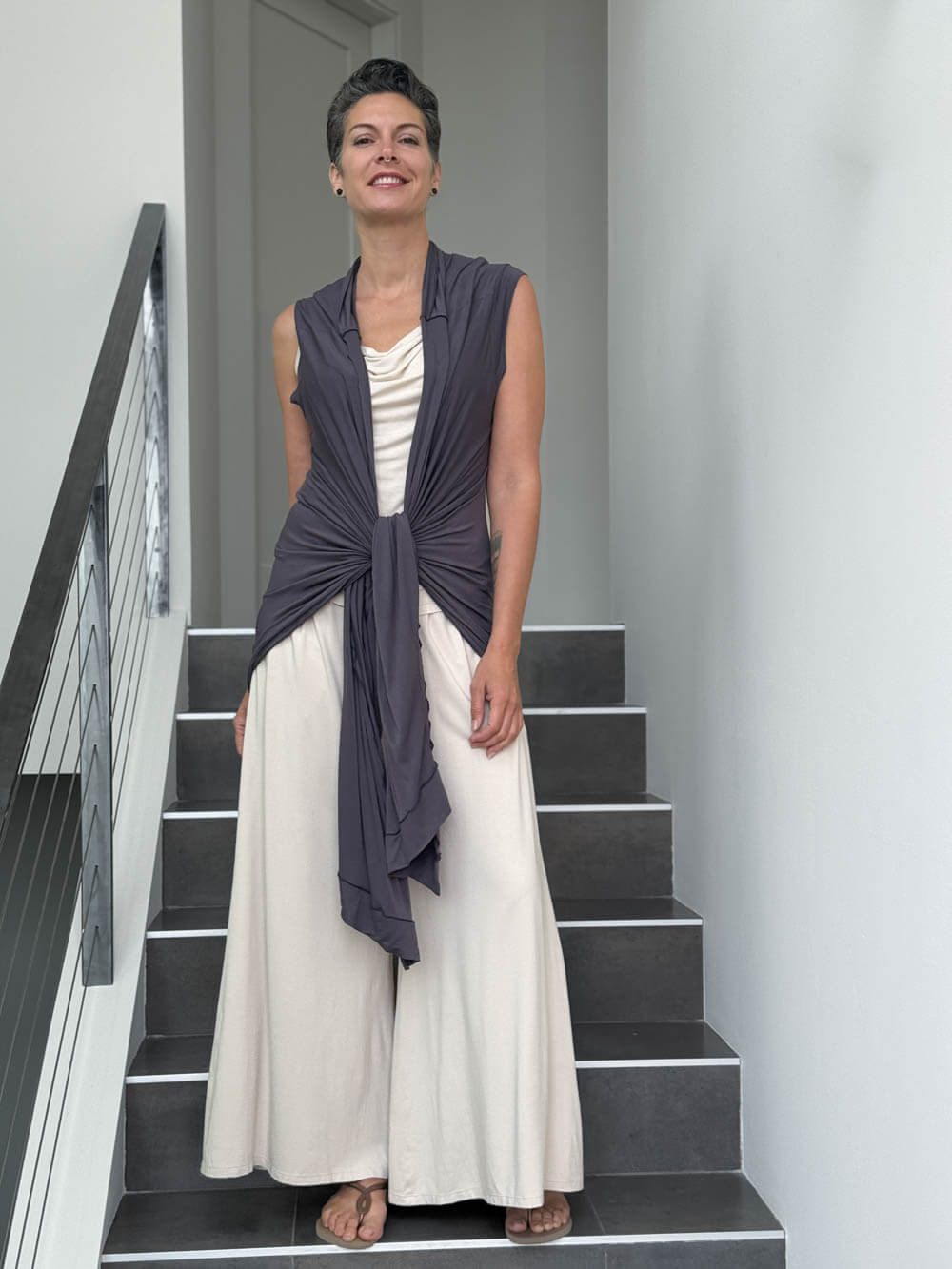 caraucci lightweight rayon jersey convertible steel gray wrap vest can be worn multiple ways #color_steel