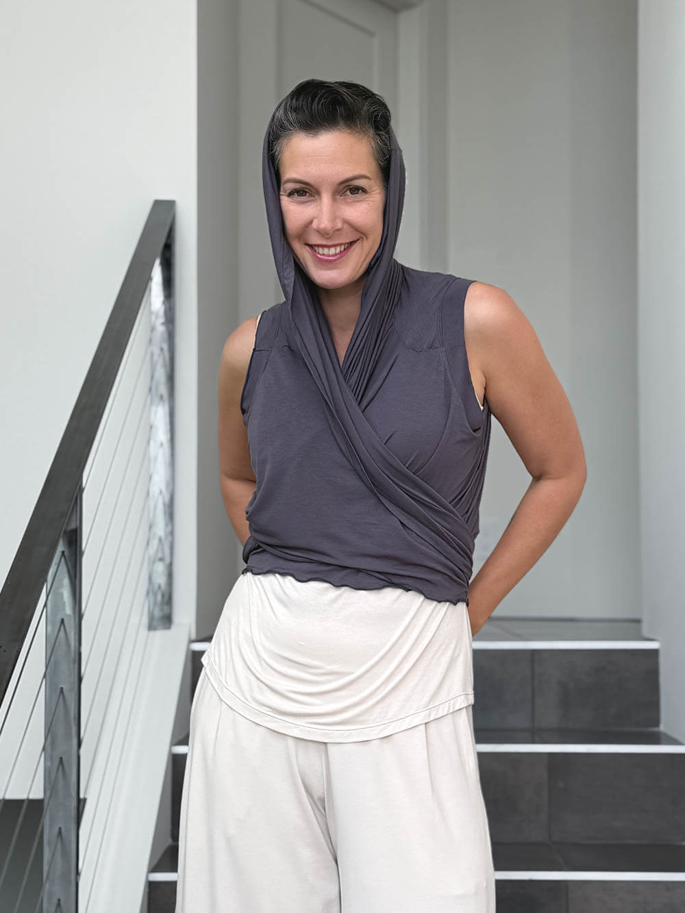 caraucci lightweight rayon jersey convertible steel gray wrap vest can be worn multiple ways #color_steel