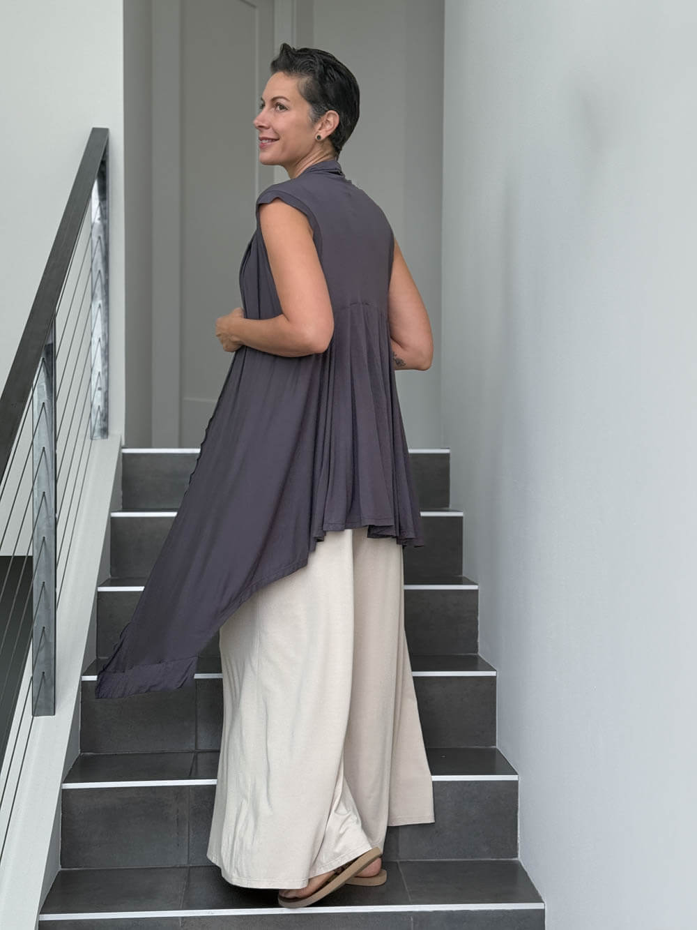 caraucci lightweight rayon jersey convertible steel gray wrap vest can be worn multiple ways #color_steel