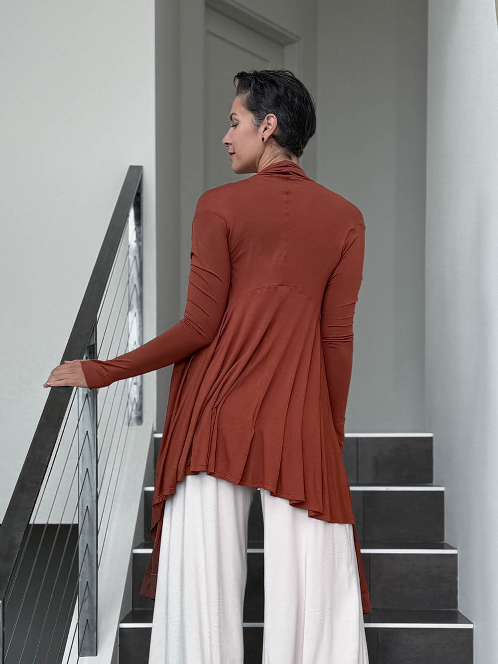 women's plant-based rayon jersey versatile rust long sleeve convertible wrap jacket with thumbholes that can be worn 2 ways #color_copper