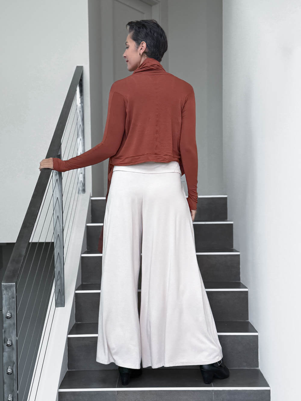 women's plant-based rayon jersey versatile rust long sleeve convertible wrap jacket with thumbholes that can be worn 2 ways #color_copper