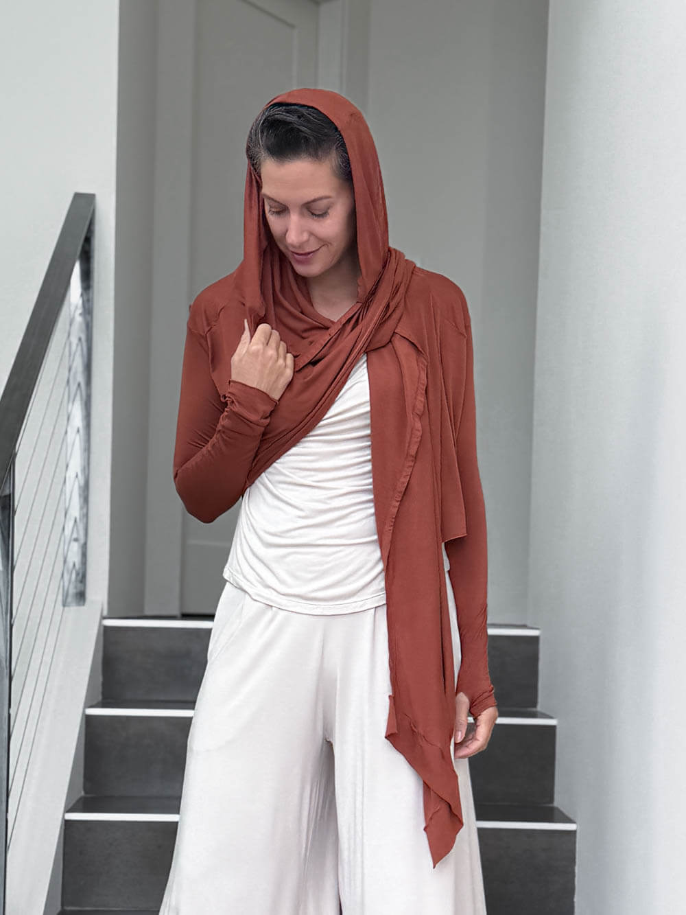 women's plant-based rayon jersey versatile rust long sleeve convertible wrap jacket with thumbholes that can be worn 2 ways #color_copper