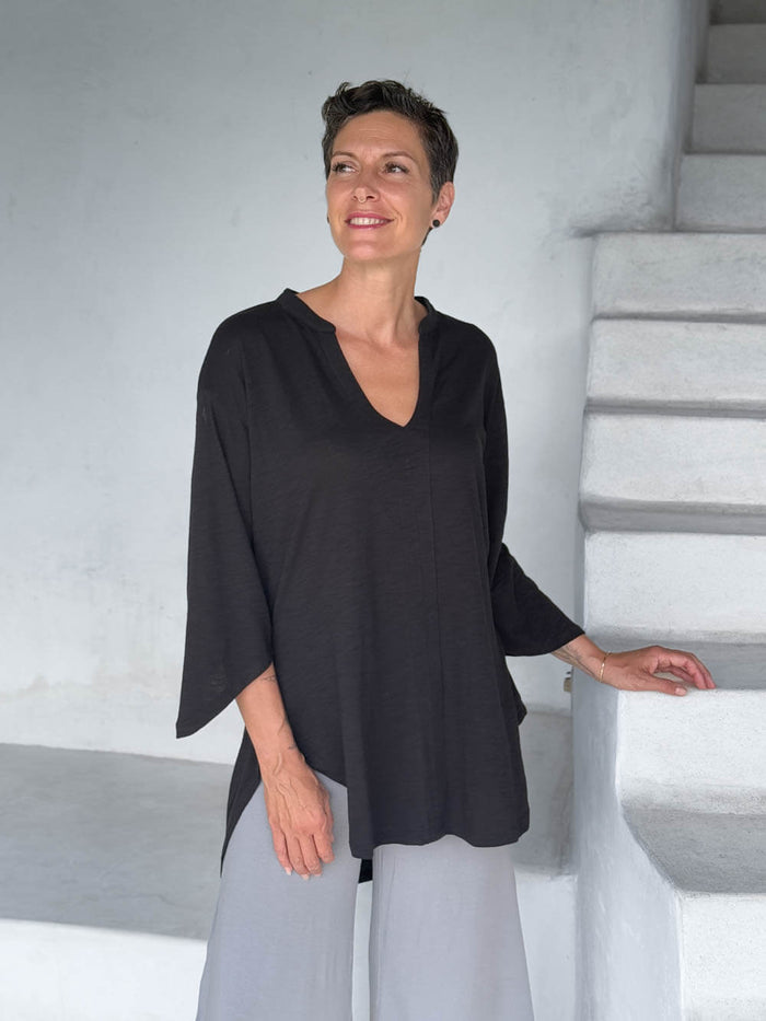 caraucci women's cotton black v-neck loose fit 3/4 sleeve kurta tunic with stone flare pants #color_black