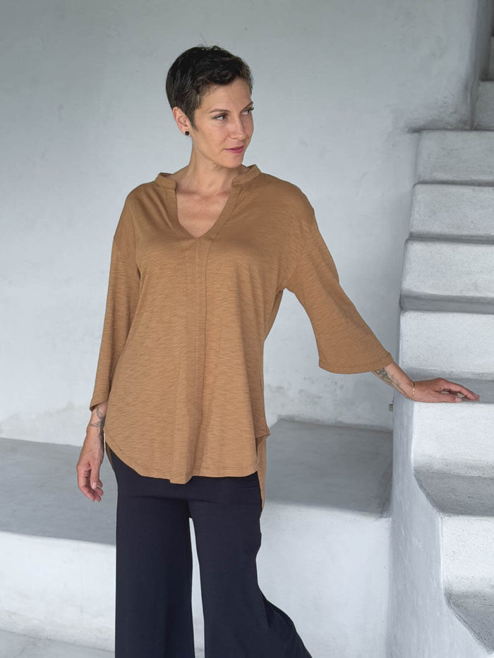 caraucci women's cotton camel v-neck loose fit 3/4 sleeve kurta tunic with stone flare pants #color_camel