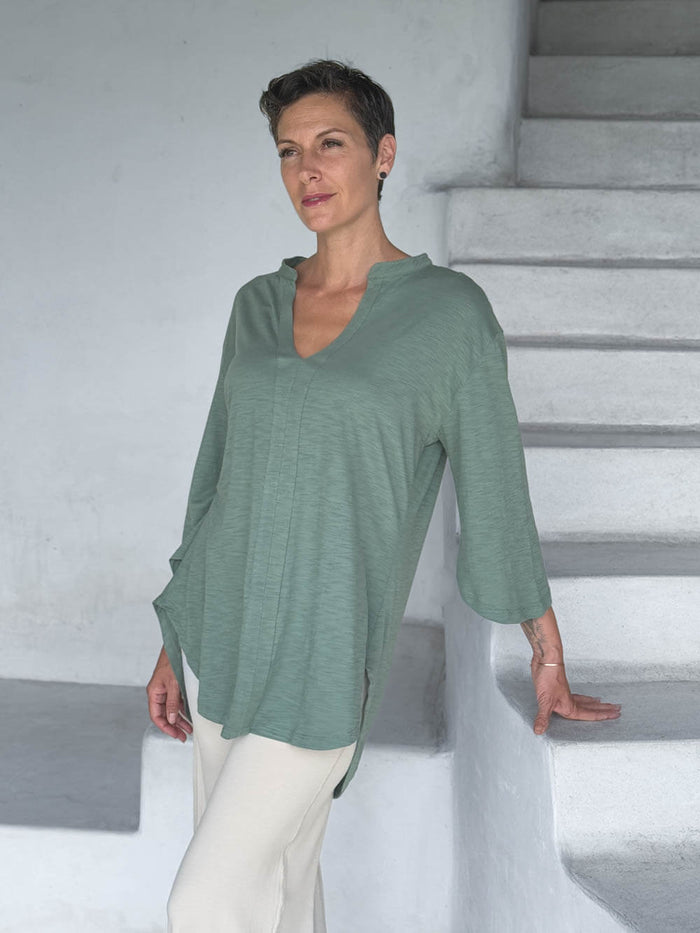 caraucci women's cotton matcha green v-neck loose fit 3/4 sleeve kurta tunic with stone flare pants #color_matcha